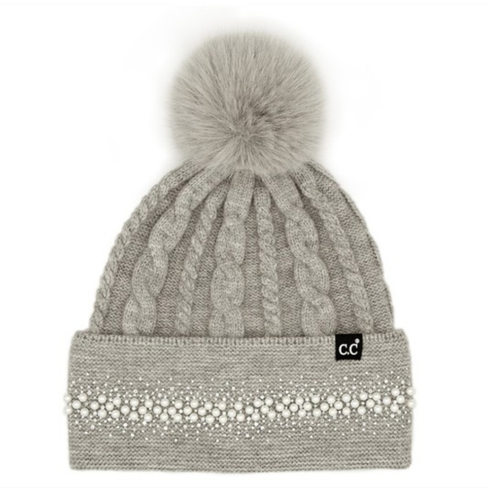 Gray Knit Pearl Rhinestone Pom Beanie NWT (#0066)